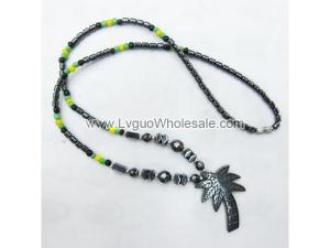 Green Wooden Beads Hematite  Coconut trees Pendant Necklace 24inch